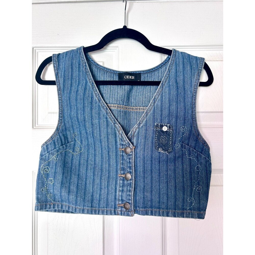 Cider Y2K Blue Striped Patchwork Denim Cropped Vest, Size M